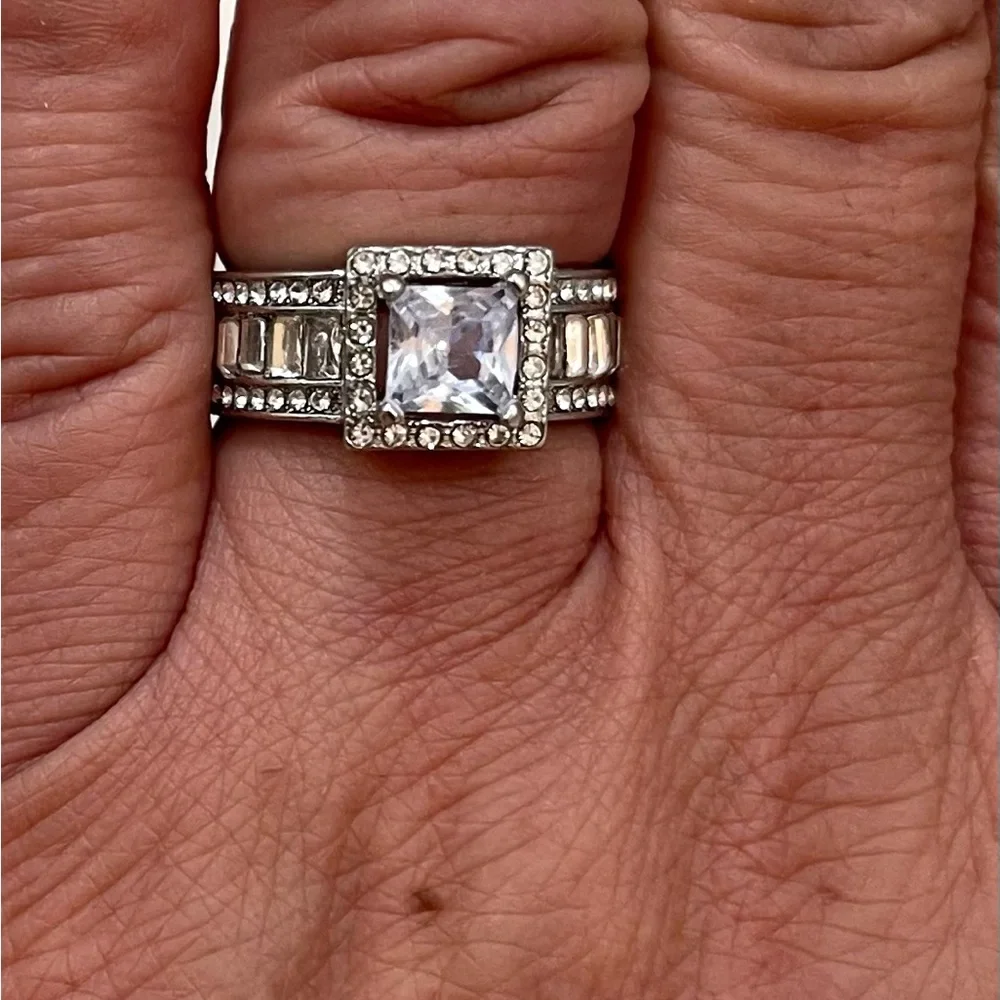 Square Halo Cubic Zirconia Statement Ring in Silver-Tone